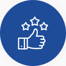 Blue circular icon with a thumbs-up sign and three stars, symbolizing positive feedback or a good rating.